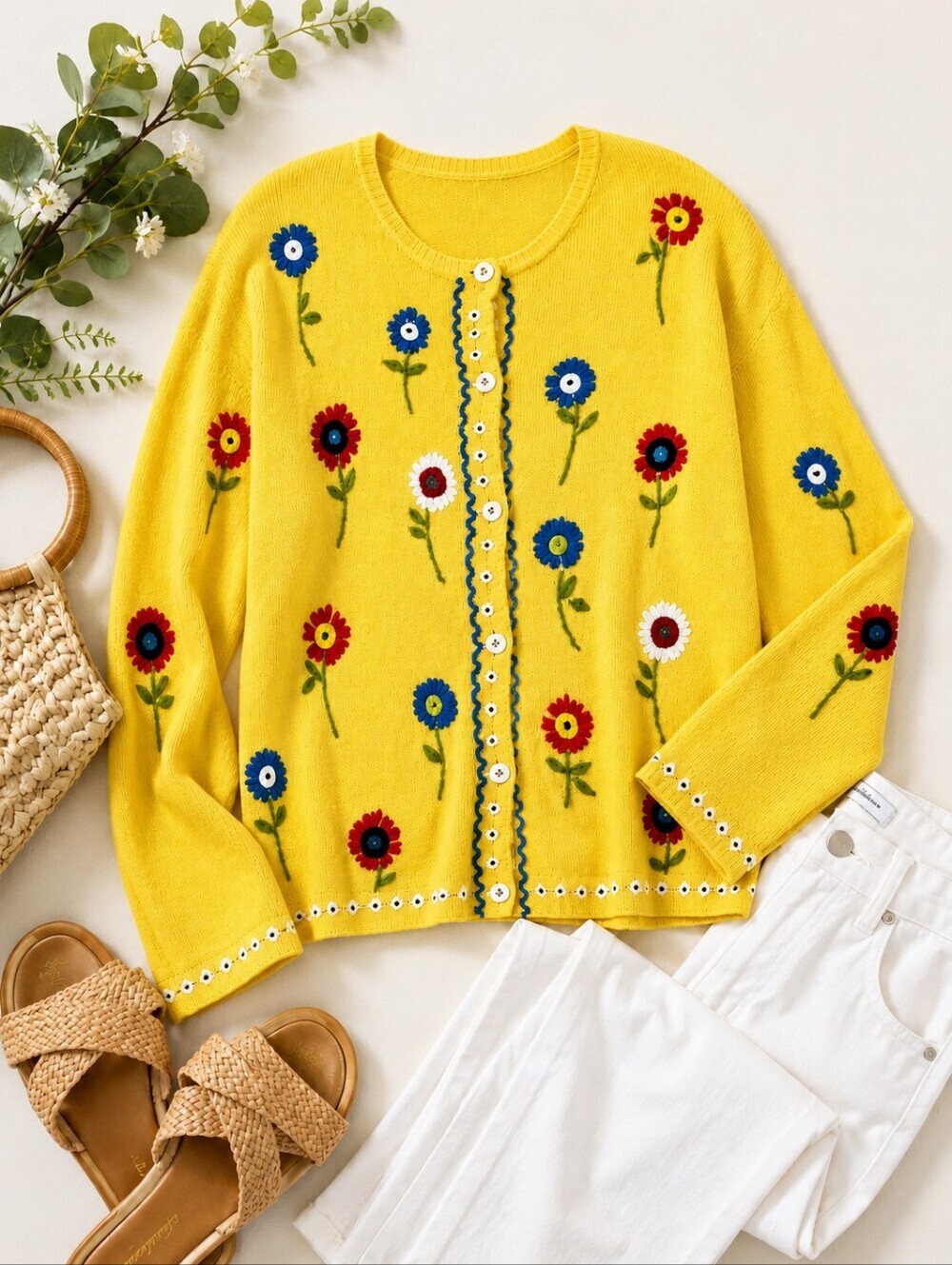 VINTAGE Susan Bristol Yellow Hand Embroidered Button Cardigan